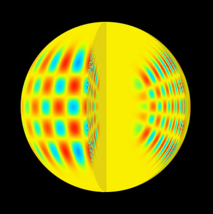 Kugelförmiger Stern mit Schwingungen an der Oberfläche, ein Viertel der Kugel ist aufgeschnitten und erlaubt einen Blick auf die Schwingungen im Inneren.