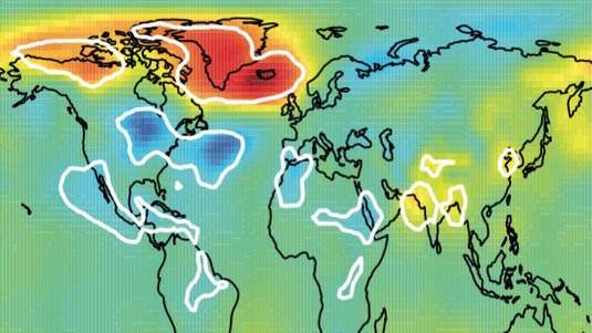 Weltkarte, auf der die Jetstream-Starkwinde und ihre Schwankungen durch unterschiedliche Farbgebung eingezeichnet sind.