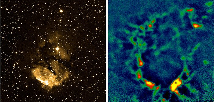 Sternentstehung, im optischen und THz-Bereich aufgenommen Zwei Bilder einer interstellaren Wolke, in der Sternentstehung stattfindet. Die linke Aufnahme im optischen Bereich zeigt eine Wolke inmitten zahlreicher Sterne. Die rechte Aufnahme im Submillimeter-Bereich zeigt direkt außerhalb dieser Wolke eine ringförmige Ansammlung von dichten Gasklumpen. Dieses Gas ist auf dem optischen Bild nicht zu erkennen.