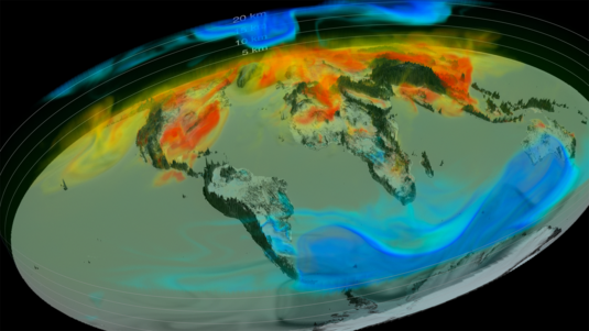 Weltkarte mit dreidimensionalem Relief; der Kohlenstoffdioxidgehalt in verschiedenen Höhen der Atmosphäre ist durch verschiedene Farben dargestellt