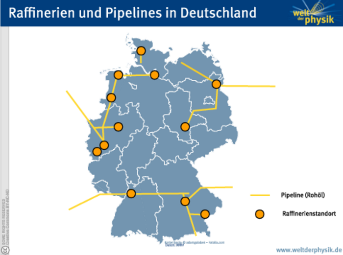 Grafik, Deutschlandkarte: Die insgesamt elf Raffinerienstandorte in Deutschland sind mit orangefarbenen Punkten gekennzeichnet, dazwischen verlaufen in gelb die Pipelines zum Rohöltransport.