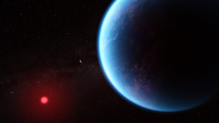 Künstlerische Darstellung des Exoplaneten K2-18b | Bildquelle: NASA, ESA, CSA, Joseph Olmsted (STScI) Im Vordergrund ein großer blauer Planet, im Hintergrund ein kleiner rötlicher Punkt