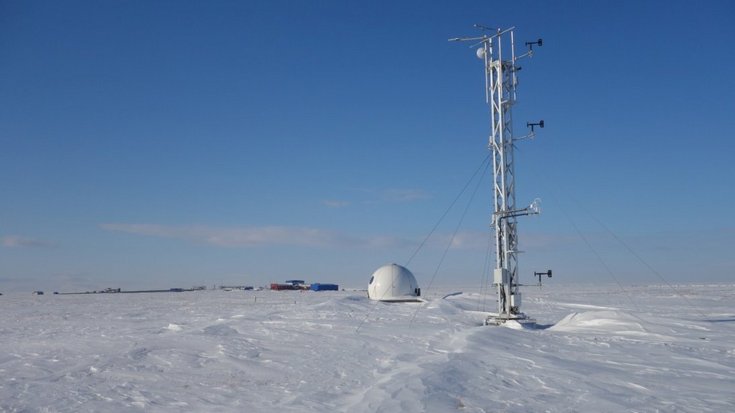 Das Bild zeigt eine schneebedeckte Landschaft mit einer kugelförmigen Messstation in der Mitte und einem Sendemast am rechten Bildrand. 