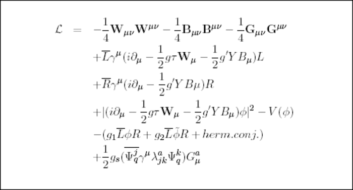 Die sogenannte Lagrangedichte des Standard-Modells Komplizierte mathematische Formel über sechs Zeilen.