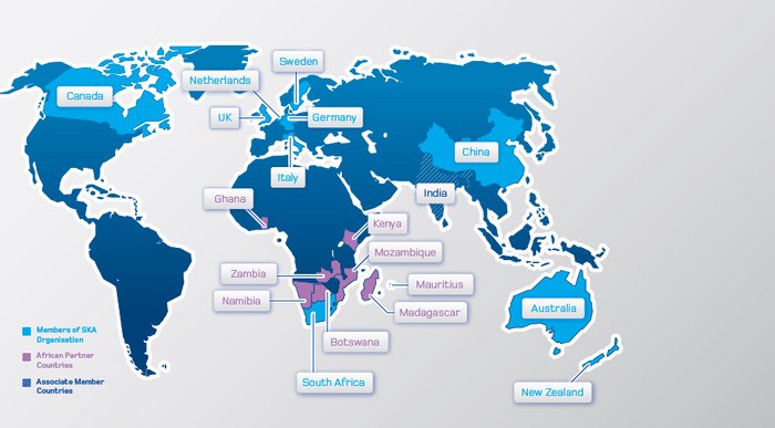 Standorte und Partner bei SKA Weltkarte, auf der die zehn Mitglieder der SKA-Organisation, das assoziierte Mitglied Indien sowie afrikanische Partnerländer im Süden und Westen des Kontinents eingezeichnet sind.