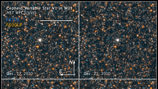 Vier Himmelsaufnahmen, die Helligkeit des Sterns in der Mitte ist auf allen Aufnahmen unterschiedlich.