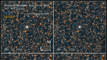 Vier Himmelsaufnahmen, die Helligkeit des Sterns in der Mitte ist auf allen Aufnahmen unterschiedlich.
