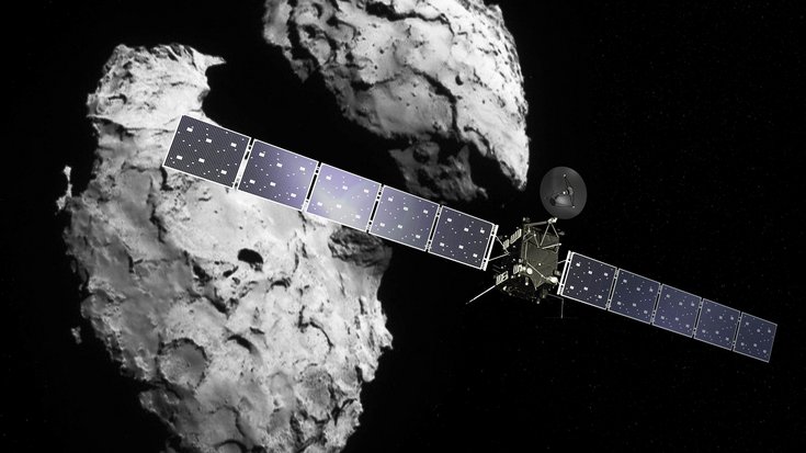 Künstlerische Darstellung der Raumsonde Rosetta vor dem Kometen Churyumov-Gerasimenko, Bildquelle: ESA; Lizenz: gemeinfrei Raumsonde vor kleinem, mit Kratern übersätem Himmelskörper.