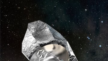 Vor dem Hintergrund des Sternenhimmels schwebt das silber-glänzende Weltraumteleskop.