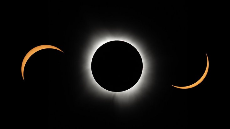 Die Collage aus drei Aufnahmen zeigt verschiedene Stadien der Sonnenfinsternis.