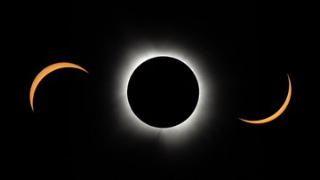 Die Collage aus drei Aufnahmen zeigt verschiedene Stadien der Sonnenfinsternis.