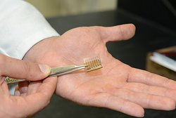 Forscher hält Solarzelle mit der Pinzette auf seinen Handteller. Die Zelle ist wenige Zentimeter groß.