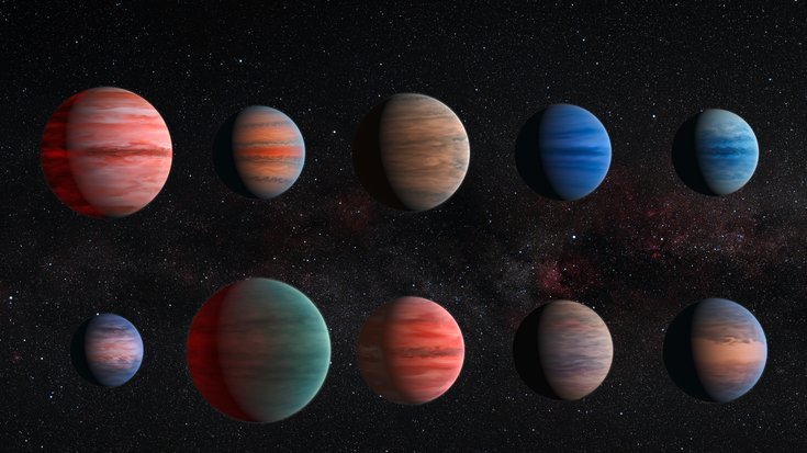 Künstlerische Darstellung der vielfältigen Atmosphären von heißen Jupitern.