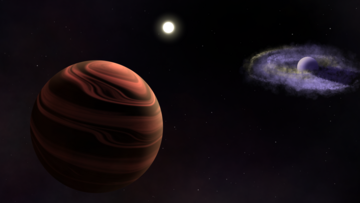 Ein heller Stern im Hintergrund und zwei große runde Planeten im Vordergrund. Der rechte ist von einer diffusen Scheibe umgeben und der linke hat eine streifenartige Oberfläche.