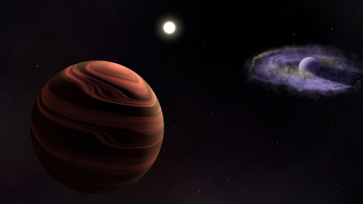 Künstlerische Darstellung des YSES-1-Systems Ein heller Stern im Hintergrund und zwei große runde Planeten im Vordergrund. Der rechte ist von einer diffusen Scheibe umgeben und der linke hat eine streifenartige Oberfläche.