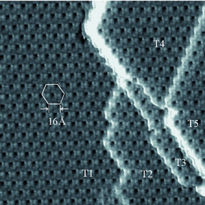 Eine Palladium-Indium Oberfläche mit Sauerstoff-Atomen Schwarz-weiß Mikroskopaufnahme einer regelmäßigen Atomstruktur, über die sich weiße Bahnen entlangziehen.