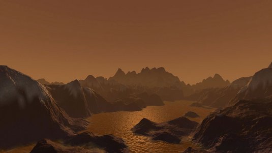 Künstlerische Darstellung der Oberfläche von Titan mit Bergen und einem Methansee