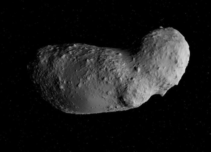 Asteroid Itokawa Länglicher, unregelmäßig geformter Körper mit Kratern und Gesteinsbrocken auf der Oberfläche