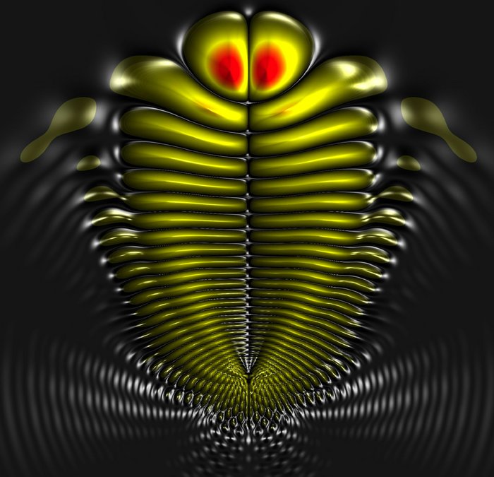 Eine computergenerierte Grafik zeigt die Elektronendichte eines Rydbergmoleküls an, deren Verteilung an die Form von Trilobiten erinnert, Fossilien von meereslebenden Gliederfüßern.