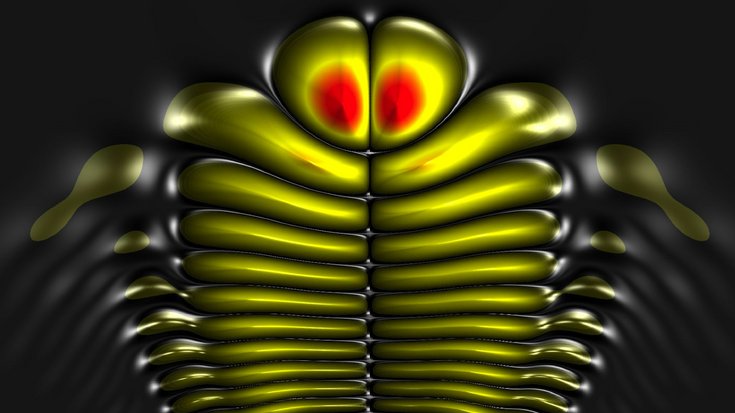 Eine computergenerierte Grafik zeigt die Elektronendichte eines Rydbergmoleküls an, deren Verteilung an die Form von Trilobiten erinnert, Fossilien von meereslebenden Gliederfüßern. 