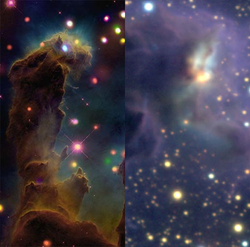 Zwei Aufnahmen eines Sternennebels. Auf dem Bild im sichtbaren Licht sind deutlich weniger Sterne zu erkennen als auf der Infrarotaufnahme.
