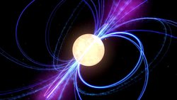 Der Pulsar ist als leuchtende Kugel dargestelt, von Pol zu Pol verlaufen Magnetfeldlinien, die blau geziechnet sind. An den Polen sind außerdem in pink die Ansätze der Radiostrahlen zu sehen.