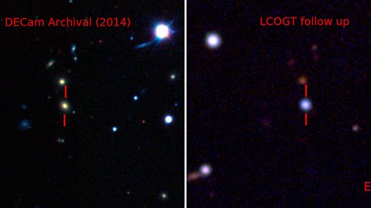 Linkes Bild: Sterne und Galaxien, Galaxie im Zentrum ist markiert; rechtes Bild: im Zentrum helles, punktförmiges Objekt, schwache Galaxien in der Umgebung sind kaum noch zu erkennen.