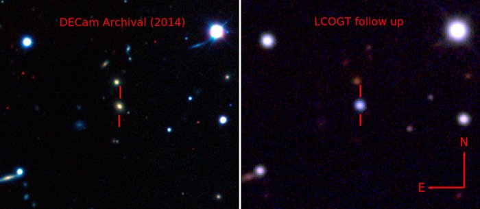 Supernova ASASSN-15lh Linkes Bild: Sterne und Galaxien, Galaxie im Zentrum ist markiert; rechtes Bild: im Zentrum helles, punktförmiges Objekt, schwache Galaxien in der Umgebung sind kaum noch zu erkennen.