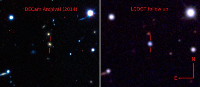 Linkes Bild: Sterne und Galaxien, Galaxie im Zentrum ist markiert; rechtes Bild: im Zentrum helles, punktförmiges Objekt, schwache Galaxien in der Umgebung sind kaum noch zu erkennen.