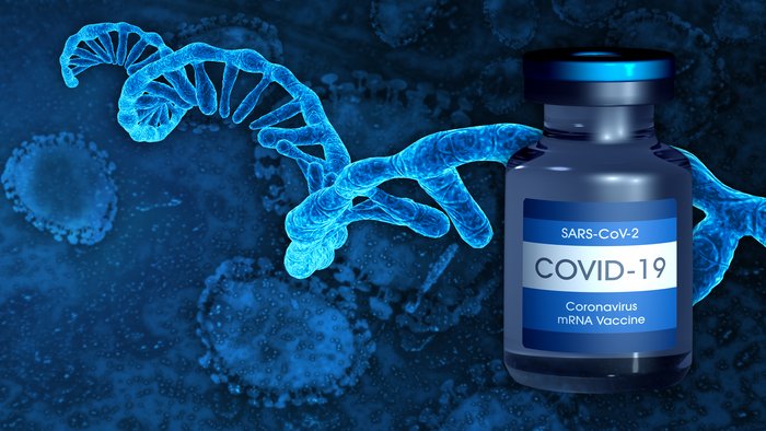 Neuartige mRNA-Impfstoffe eine helixartige Struktur ist hinter einem Medikamenten-Fläschchen gezeigt