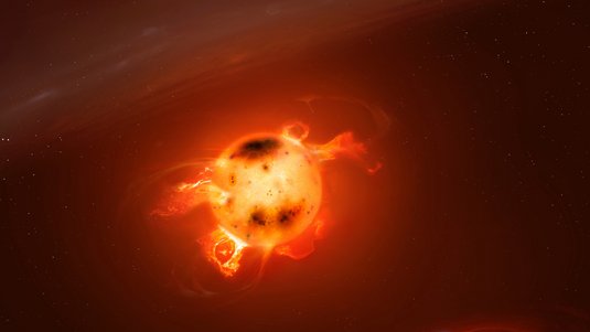 Stern mit Eruptionen, im Vordergrund ein Planet.