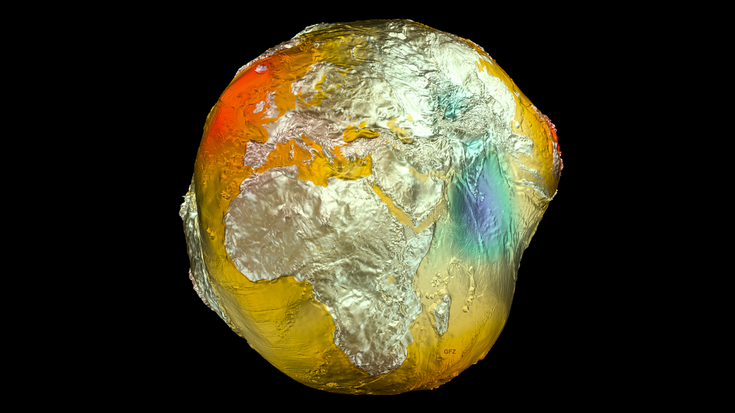 Die Erde dargestellt als deformierte Kugel, auf der die einzelnen Kontinente zu erkennen sind.