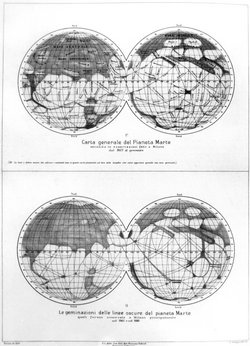Darstellung der Marsoberfläche auf zwei kreisförmigen Karten. Auf den Karten sind zahlreiche dunkle Regionen zu erkennen, die durch eine Vielzahl dunkler Linien miteinander verbunden sind.
