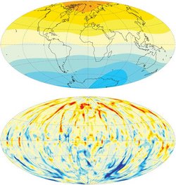 Infografik. Zwei Weltkarten. Farbige Konturen. In der oberen Karte rote Farben im Norden, blaue im Süden. In der unteren Karte ähnliche Verteilung, aber kompliziertere Strukturen.