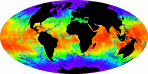 Weltkarte, Kontinente in schwarz. Meeresfläche von violett für kalt um die Pole herum bis zu rot für warm am Äquator eingefärbt. Wärmste Regionen sind indischer und pazifischer Ozean.