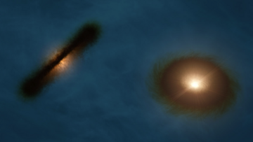Vor einem dunkeln Hintergrund sind zwei leuchtende Objekte zu sehen. Links ist eine leuchtende Kugel von einem dunklen Streifen durchzogen, rechts ist eine gelblich leuchtende Kugel von einem breiten, dunklen Rand umgeben