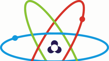 Ein Atomkern wird von Elektronen umkreist. Die Kreisbahnen sind verschieden farbig dargestellt.