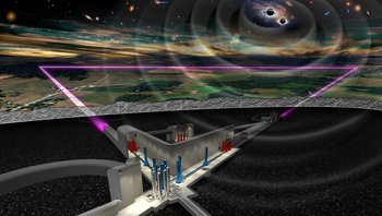 Die Illustration zeigt ein dreieckiges, unterirdisches Labor auf das Wellen aus dem Weltall zulaufen. Die Wellen gehen von zwei Kreisen aus, die schwarze Löcher illustrieren.