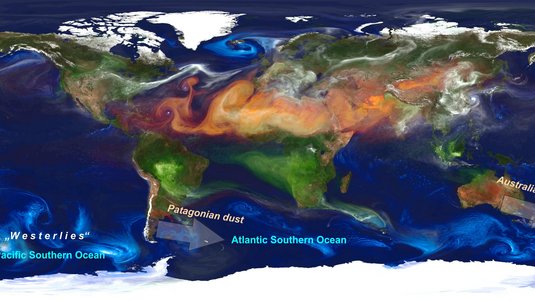 Eine bunte Weltkarte, die Staubeinträge in den atlantischen und pazifischen Teil des Südozeans zeigt.