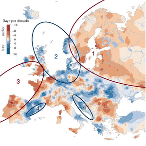Eine Europakarte zeigt verschiedene Regionen, die schwarz umkreist sind und die verschiedenen Regionen angeben, in denen unterschiedliche Effekte für Hochwasser verantwortlich sind. Einige Regionen sind bläulich eingefärbt. In diesen tritt Hochwasser durchschnittlich später auf als noch vor fünfzig Jahren. In rot eingefärbten Regionen hingegen findet das Hochwasser durchschnittlich später statt.
