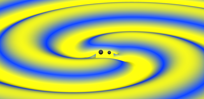 Simulation der verschmelzenden Schwarzen Löcher Künstlerische Darstellung, blau-gelber Strudel, der auf zwei Mittelpunkte zuläuft