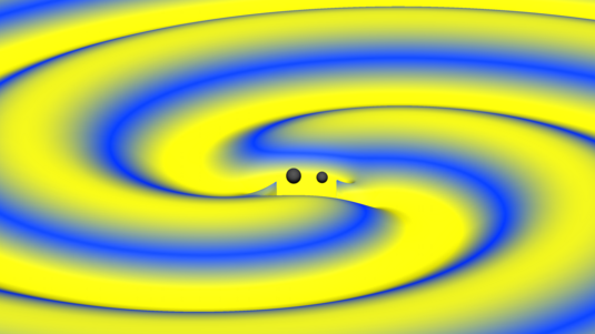 Künstlerische Darstellung, blau-gelber Strudel, der auf zwei Mittelpunkte zuläuft