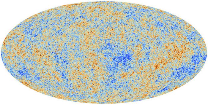 Die Planck-Karte der kosmischen Hintergrundstrahlung Darstellung der Temperaturschwankungen der kosmischen Hintergrundstrahlung. Blaue Punkte zeigen etwas kältere, rote Punkte etwas wärmere Gebiete an.