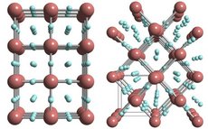 Links die gemessene Kristallstruktur von Iridiumhydrid: Die Iridiumatome besetzen die Ecken eines Würfels, während sich die Wasserstoffatome im Zentrum der Würfelflächen befinden. Rechts die Darstellung eines verzerrten Würfelgitters.