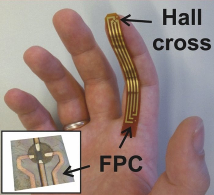 Flexibler Magnetfeldsensor Nahaufnahme einer Hand, auf einem Finger ein metallisch glänzender Streifen.