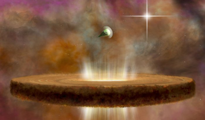 O-Stern und Proplyde Im Vordergrund eine dicke Scheibe aus Gas und Staub, in deren Mitte verdeckt ein Stern leuchtet. Im Hintergrund eine tropfenförmig deformierte Scheibe, sowie ein hell leuchtender Stern.