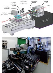 Obere Bildhälfte: Schema des Aufbaus des Röntgenmikroskops. Links ein fahrbarer Tisch, auf dem zahlreiche Messapparaturen sitzen. Rechts ein großer Granitblock, auf dem ein Scanner und weitere Messgeräte liegen. Entlang des Blocks und des Tisches verläuft die optische Achse.
Untere Bildhälfte: Ein Foto des Aufbaus in einem engen Labor.