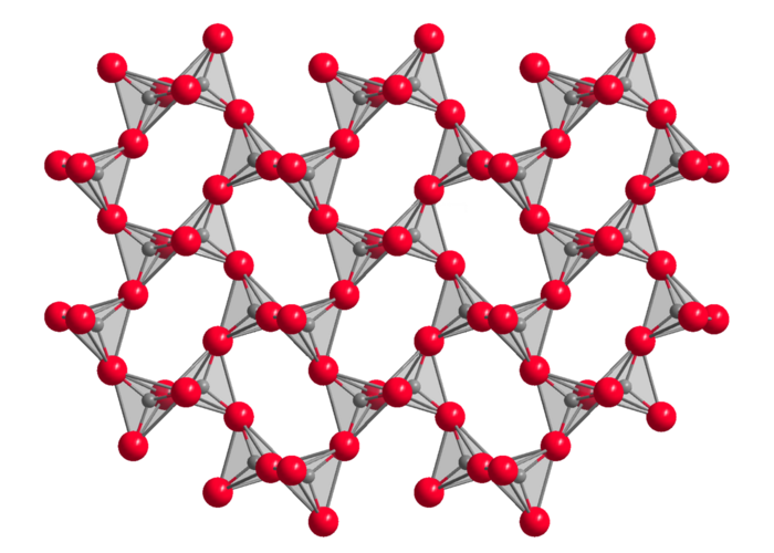 Atomare Struktur von Cristobalit Ein Gebilde aus Kugeln, die durch Tetraeder verbunden sind.