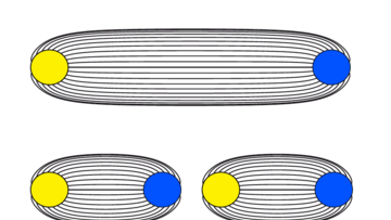 Versucht man zwei Quarks zu trennen, bildet sich zwischen den Quarks ein Schlauch des Gluonenfeldes aus, in dem bei zunehmendem Abstand der Quarks mehr und mehr Energie steckt. Schließlich wandelt sich die überschüssige Energie in Masse um.