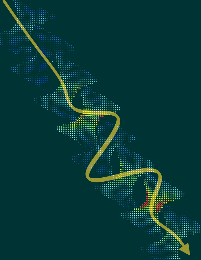 In der Illustration durchquert eine Elektronenpuls – als schwingender Pfeil dargestellt – die Probe, die ein elektromagnetisches Feld aufweist, das sich mit der Zeit ändert. Dieses ist hier durch die verschiedenen Richtungen der Pfeile und ihre Farben angedeutet.